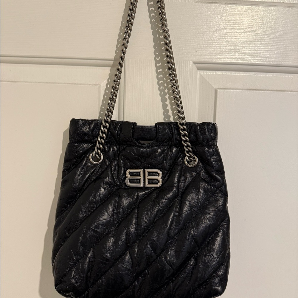 Balenciaga Black Quilted Shoulder Bag with Silver Chain